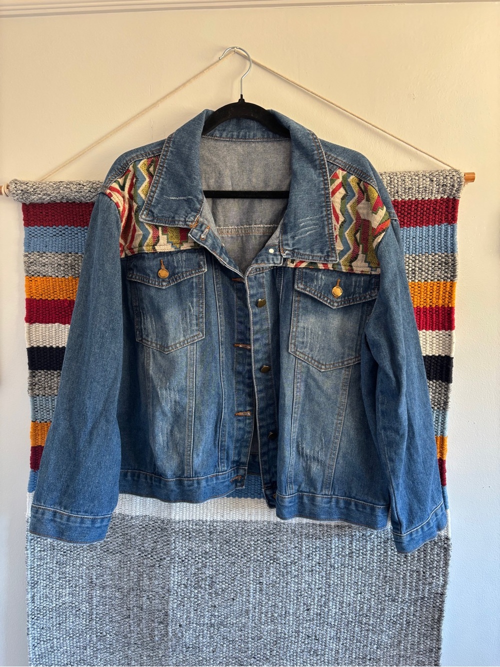 Women's Blue Denim Jacket with Multicolor Aztec Yoke
